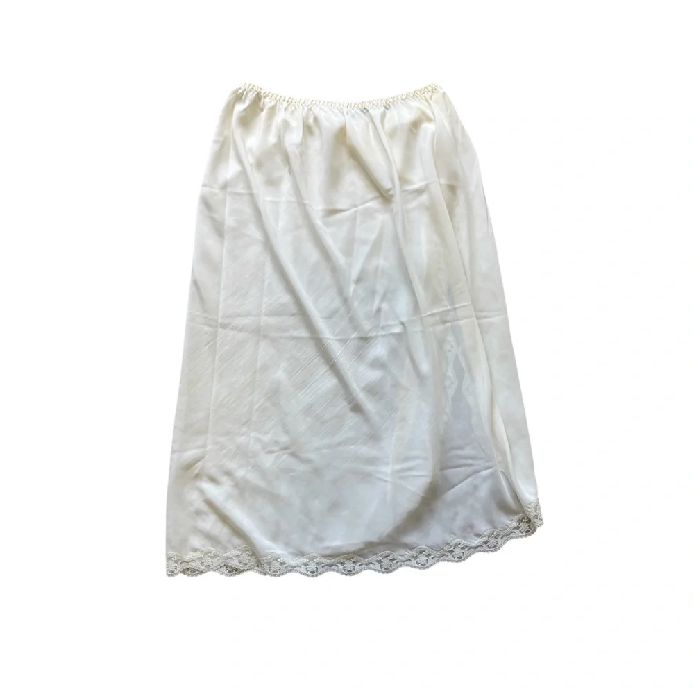 Vintage 70s Cream Lace Slit Slip Skirt L - Picture 2 of 5